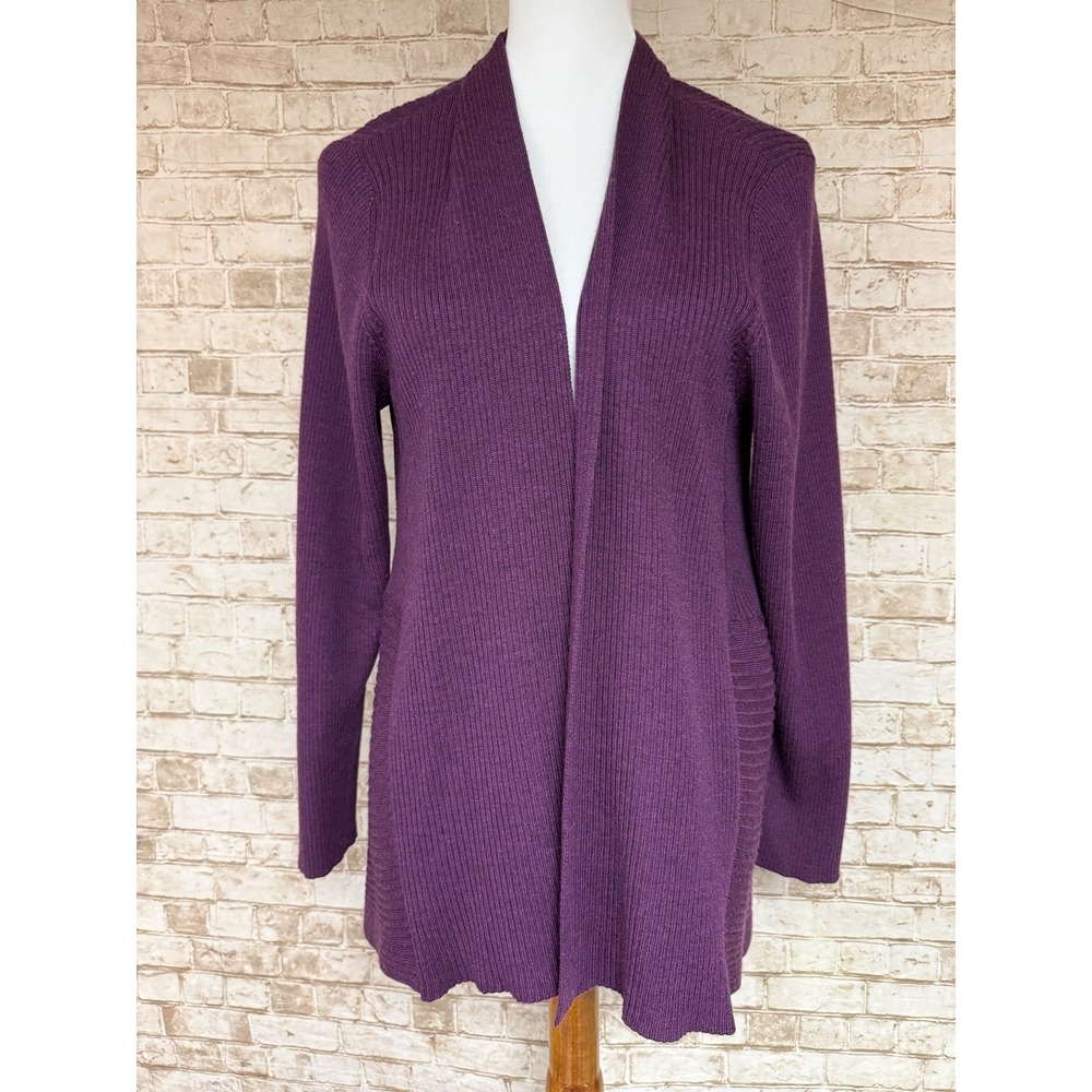 Eileen Fisher 1X Cardigan Sweater Merino Wool Open Front Ribbed Purple Office